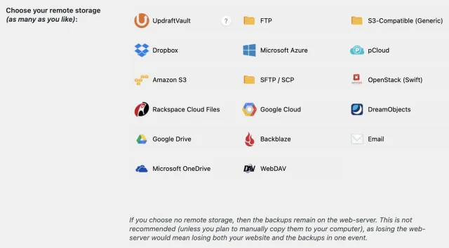 Select remote storage options available in UpdraftPlus