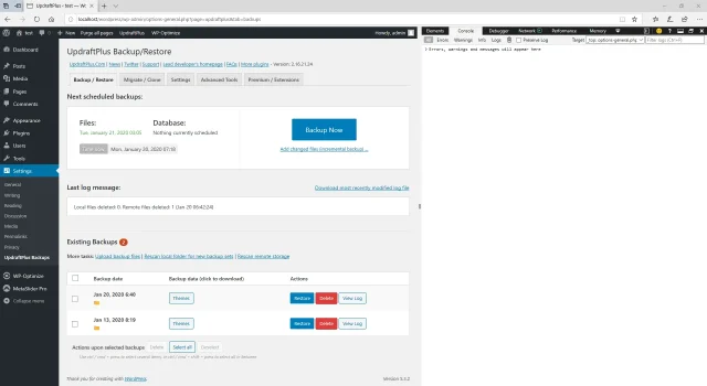 Opening UpdraftPlus browser developer tools in Mozilla Firefox