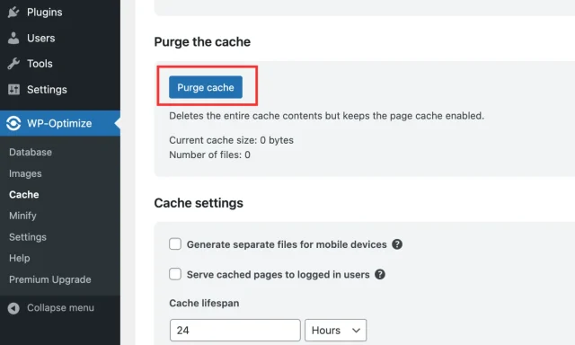 Clear WordPress cache window
