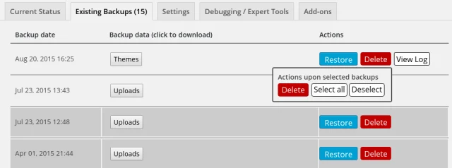 Existing backups delete