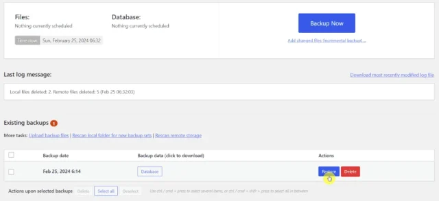 Screenshot of where the restore button is in UpdraftPlus