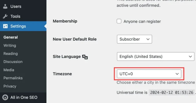 WordPress timezone settings window