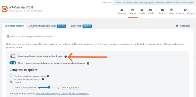 WP-Optimize images compression options
