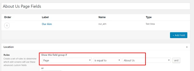 About us page fields window