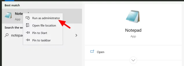 Notepad run as admin