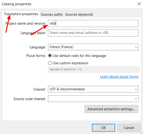 Translation properties window