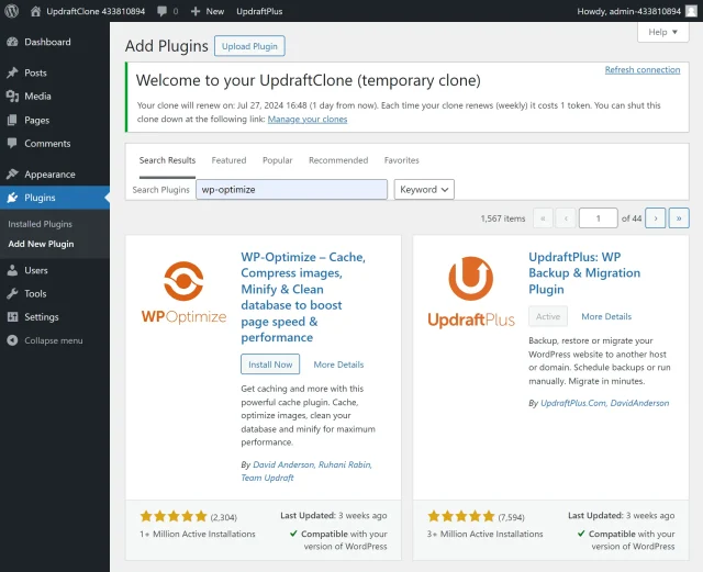 Find WP-Optimize in the plugin directory window here
