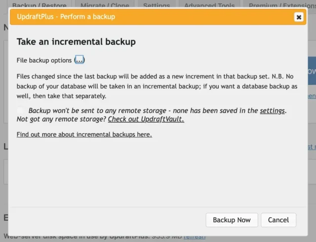 Configuring incremental backups in UpdraftPlus
