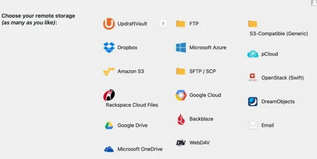 Selecting remote storage options in UpdraftPlus