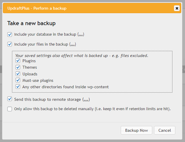 Take a new backup dialogue check all