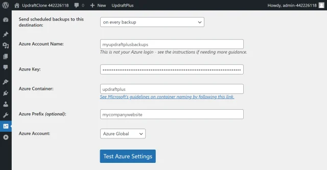 Azure keysettings
