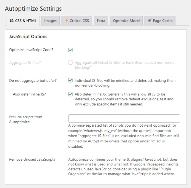 Autoptimize settings