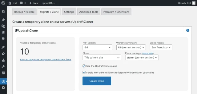 UpdraftClone php version screenshot